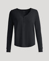 Womens Black Waffle Long Sleeve Boxy Henley with scoop neckline and button placket.