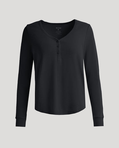 Waffle Long Sleeve Boxy Henley - Black
