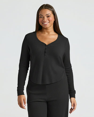 Waffle Long Sleeve Boxy Henley - Black