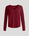 Womens Dark Maroon Waffle Long Sleeve Boxy Henley with button placket.