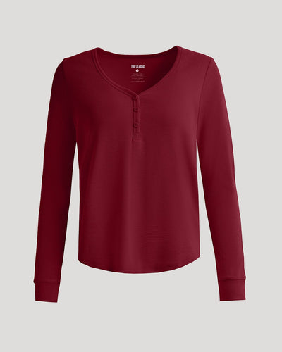 Waffle Long Sleeve Boxy Henley - Dark Maroon