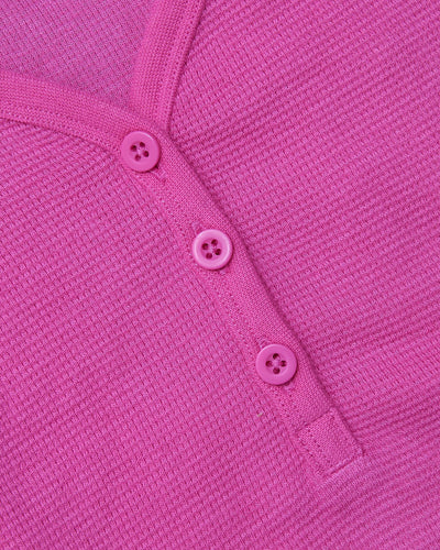 Waffle Long Sleeve Boxy Henley - Electric Fuchsia