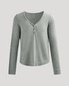Womens Heather Gray Waffle Long Sleeve Boxy Henley with V-neck placket.