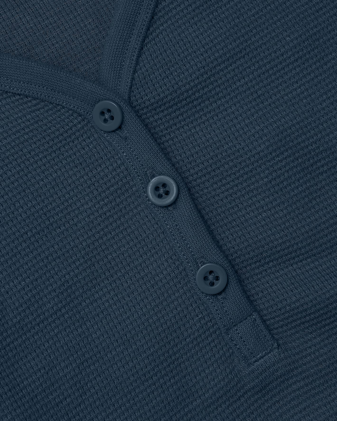 Womens Navy Waffle Long Sleeve Boxy Henley with three-button placket.