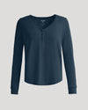Womens Navy Waffle Long Sleeve Boxy Henley with scoop neckline and ribbed cuffs.