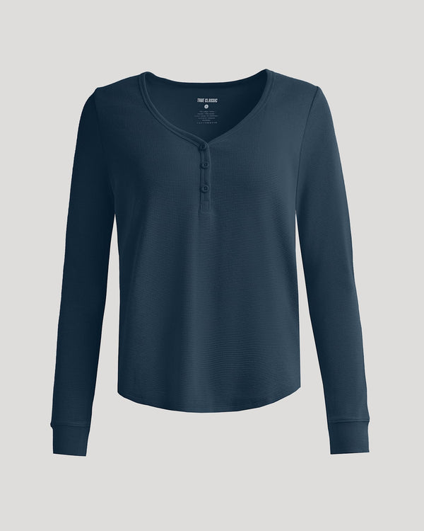 Womens Navy Waffle Long Sleeve Boxy Henley with scoop neckline and ribbed cuffs.