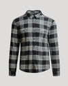 Onyx Plaid Long Sleeve Flannel Shirt with button front and pockets.