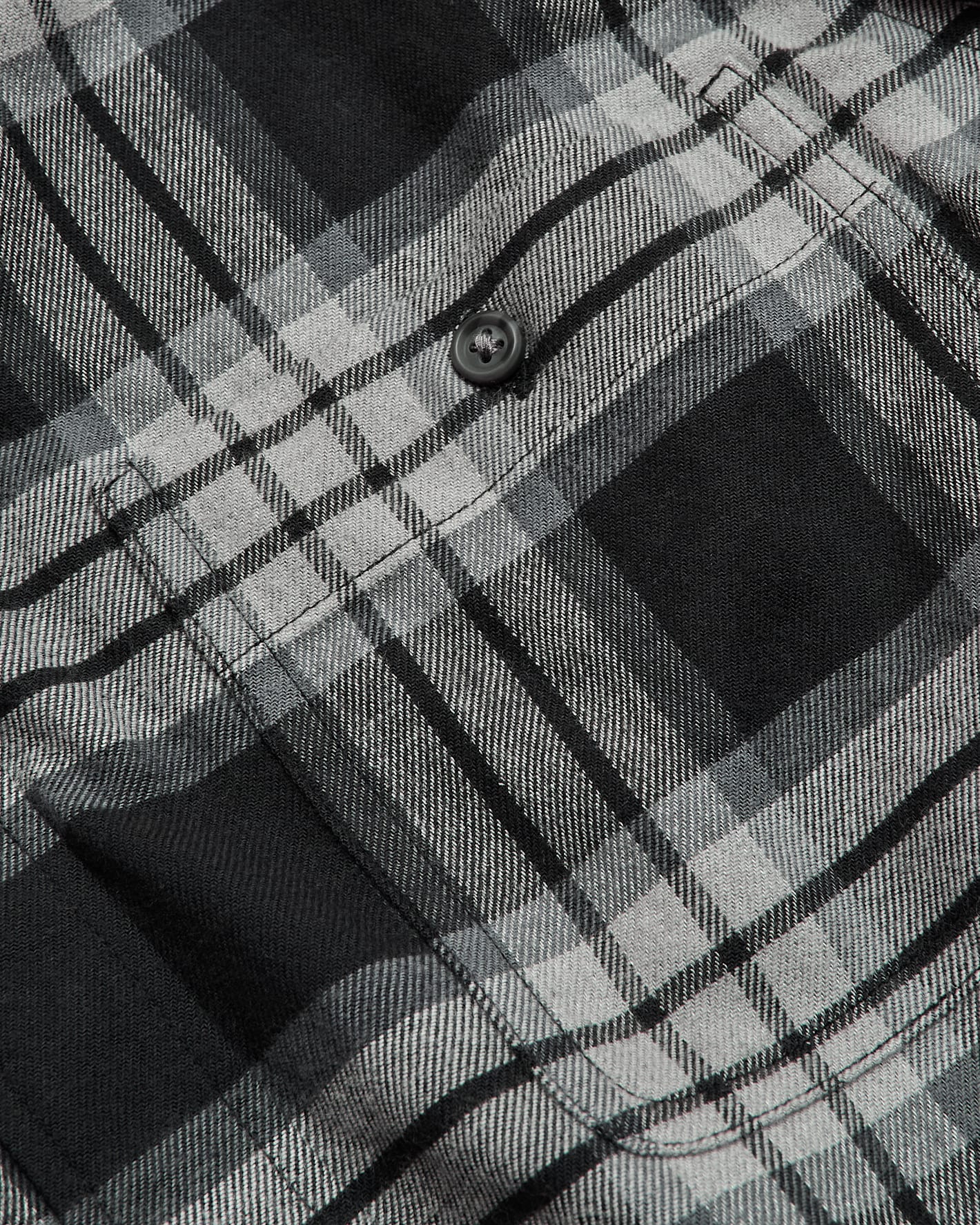Onyx Plaid Long Sleeve Flannel Shirt close-up showing button and pocket seam.