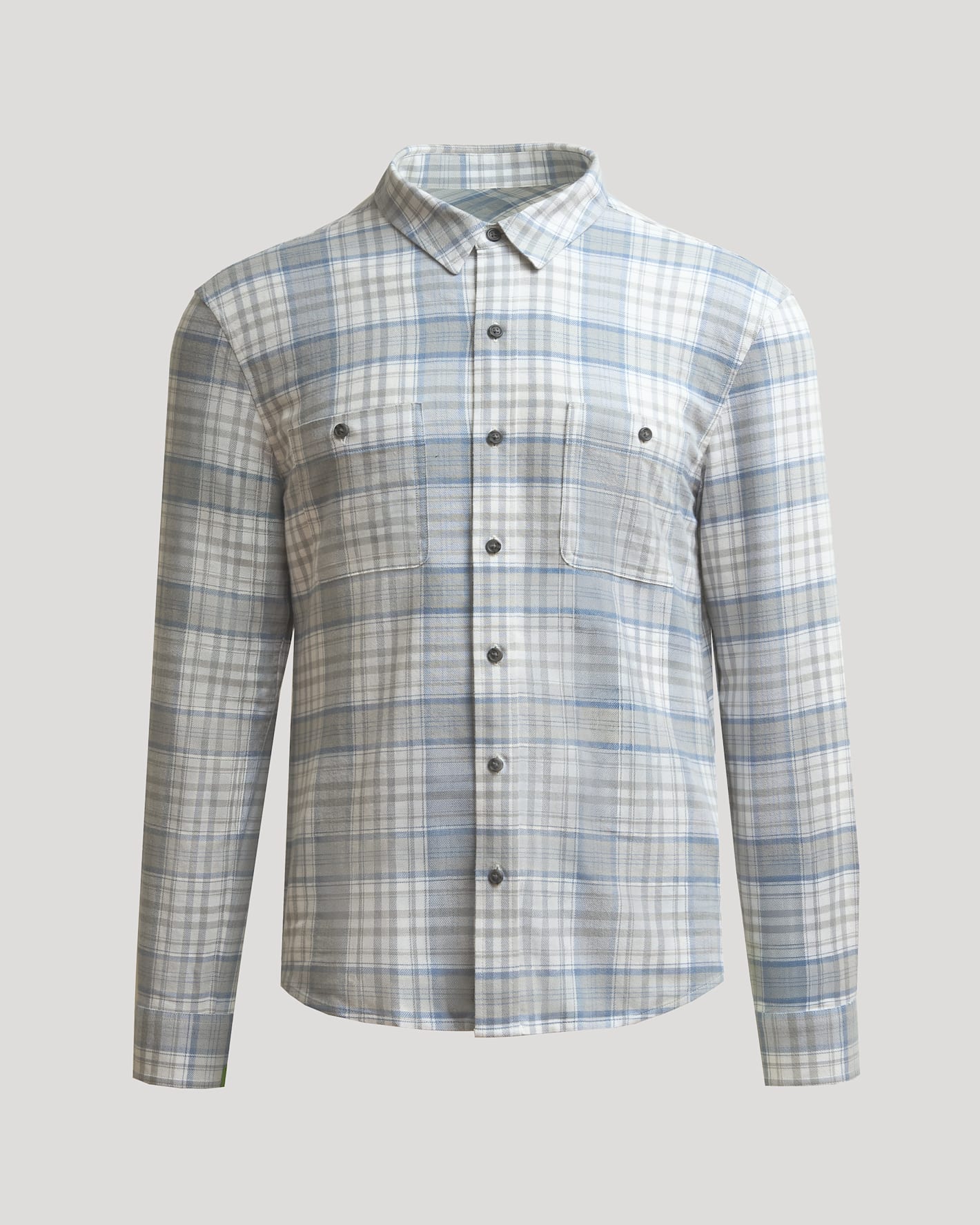 Slate Plaid Long Sleeve Flannel Shirt with chest pockets and button front.