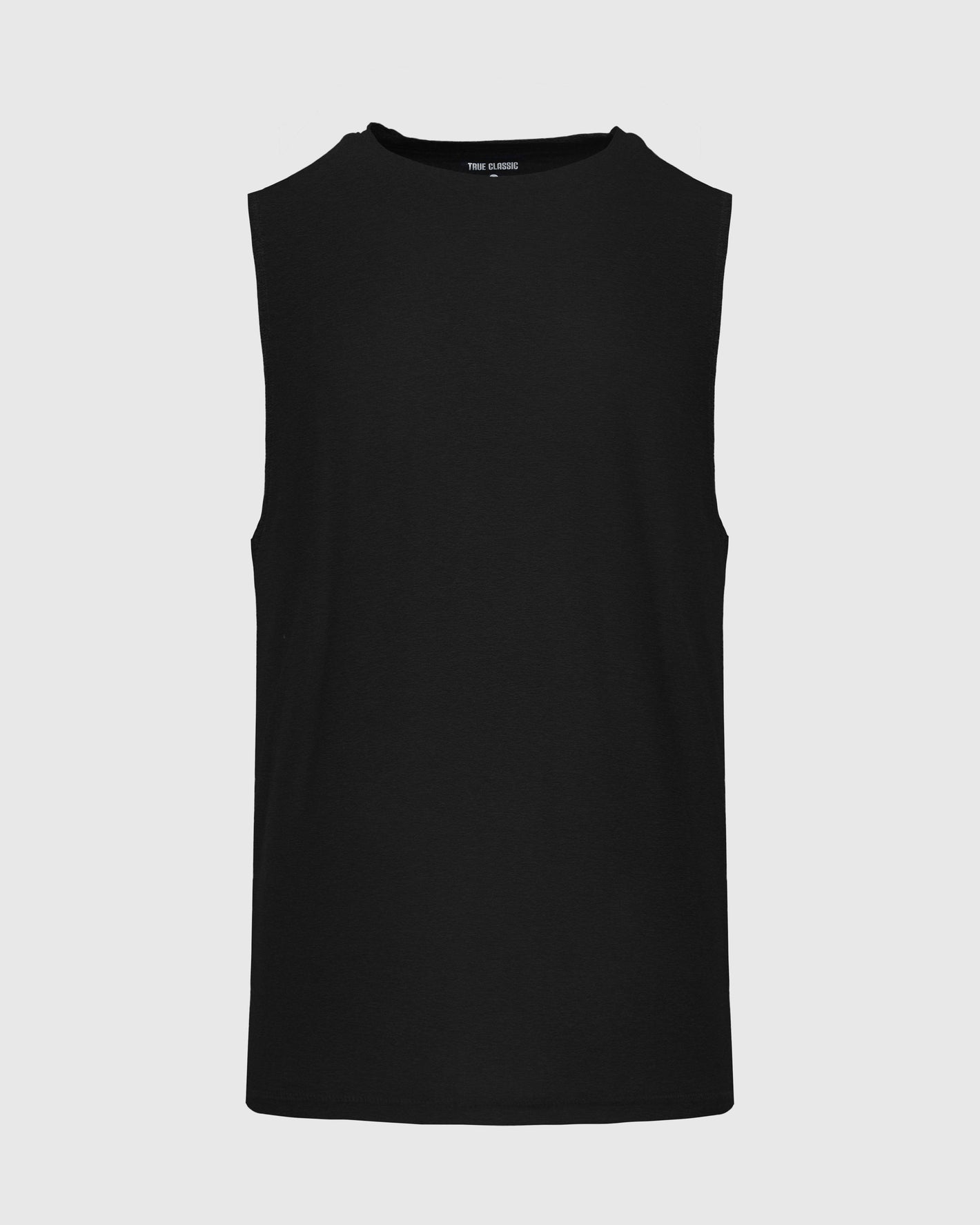 Black Active Sleeveless Muscle Tee laid flat, showcasing True Classic label.