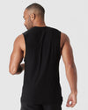 Black Active Sleeveless Muscle Tee on athletic man, showcasing back fit.
