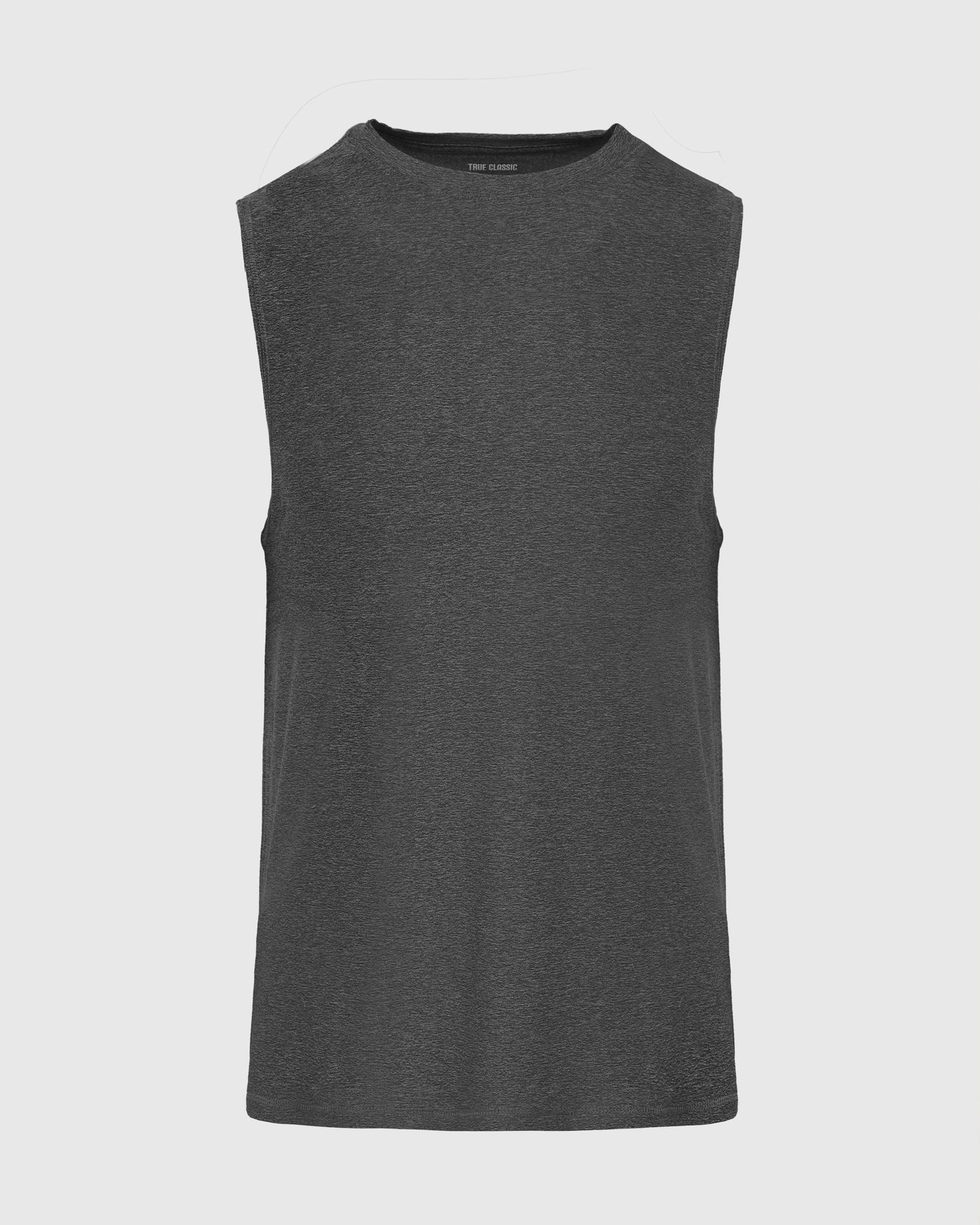 Charcoal Heather Gray Active Sleeveless Muscle Tee, wide arm openings, crew-neck.
