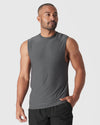 Model wearing Charcoal Heather Gray Active Sleeveless Muscle Tee, showcasing relaxed fit.