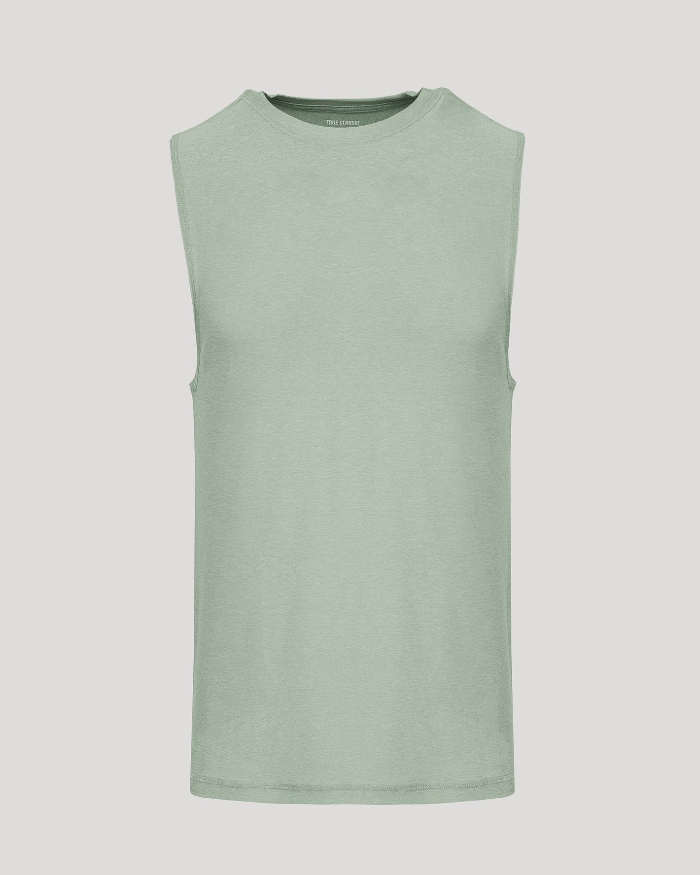 Lichen Sleeveless Active Muscle Tee, light sage-green, relaxed fit, crew-neck.