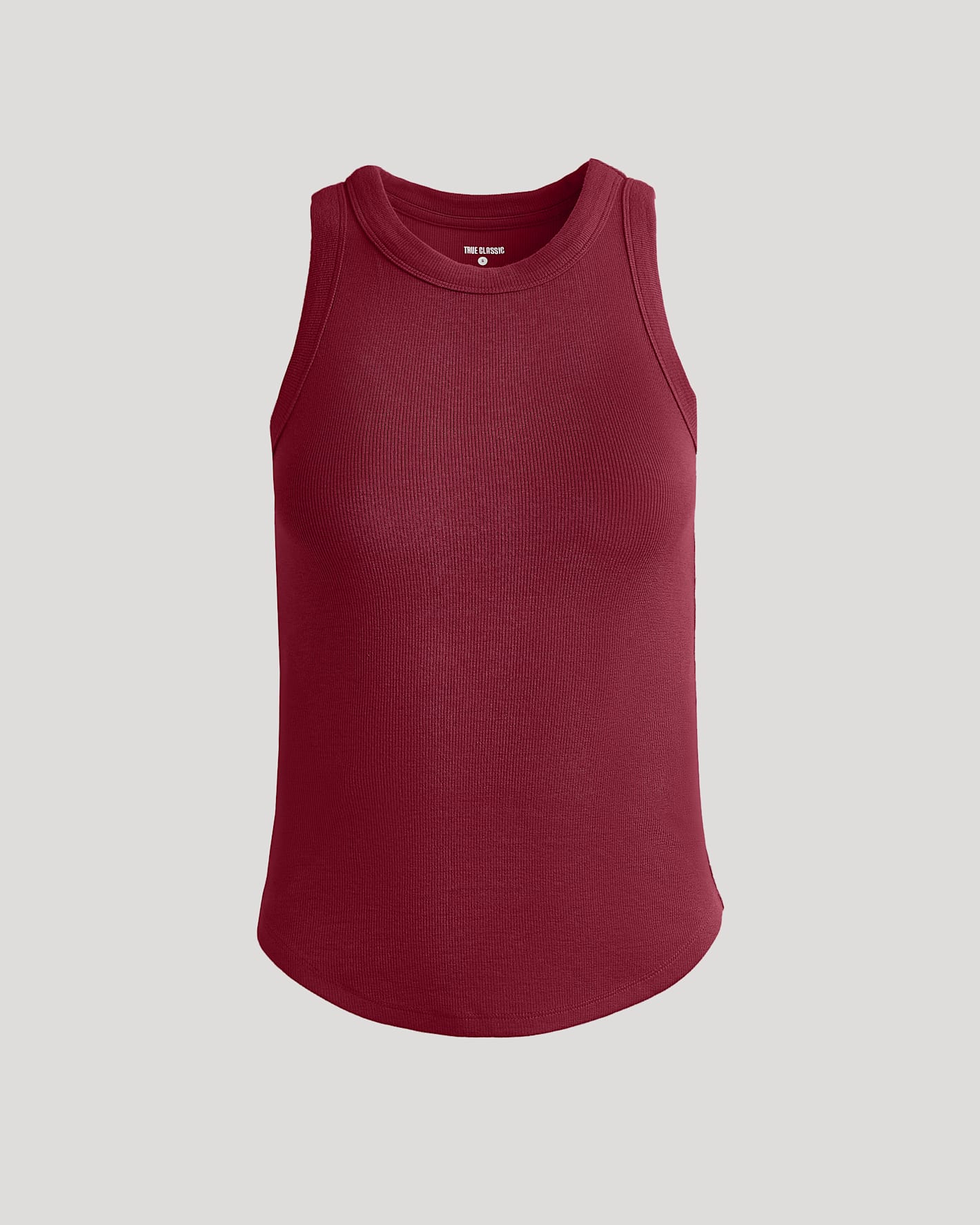 Womens Dark Maroon Ribbed High Neck Tank with slim straps.