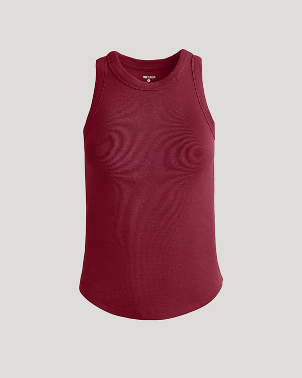 Womens Dark Maroon Ribbed High Neck Tank with slim straps.