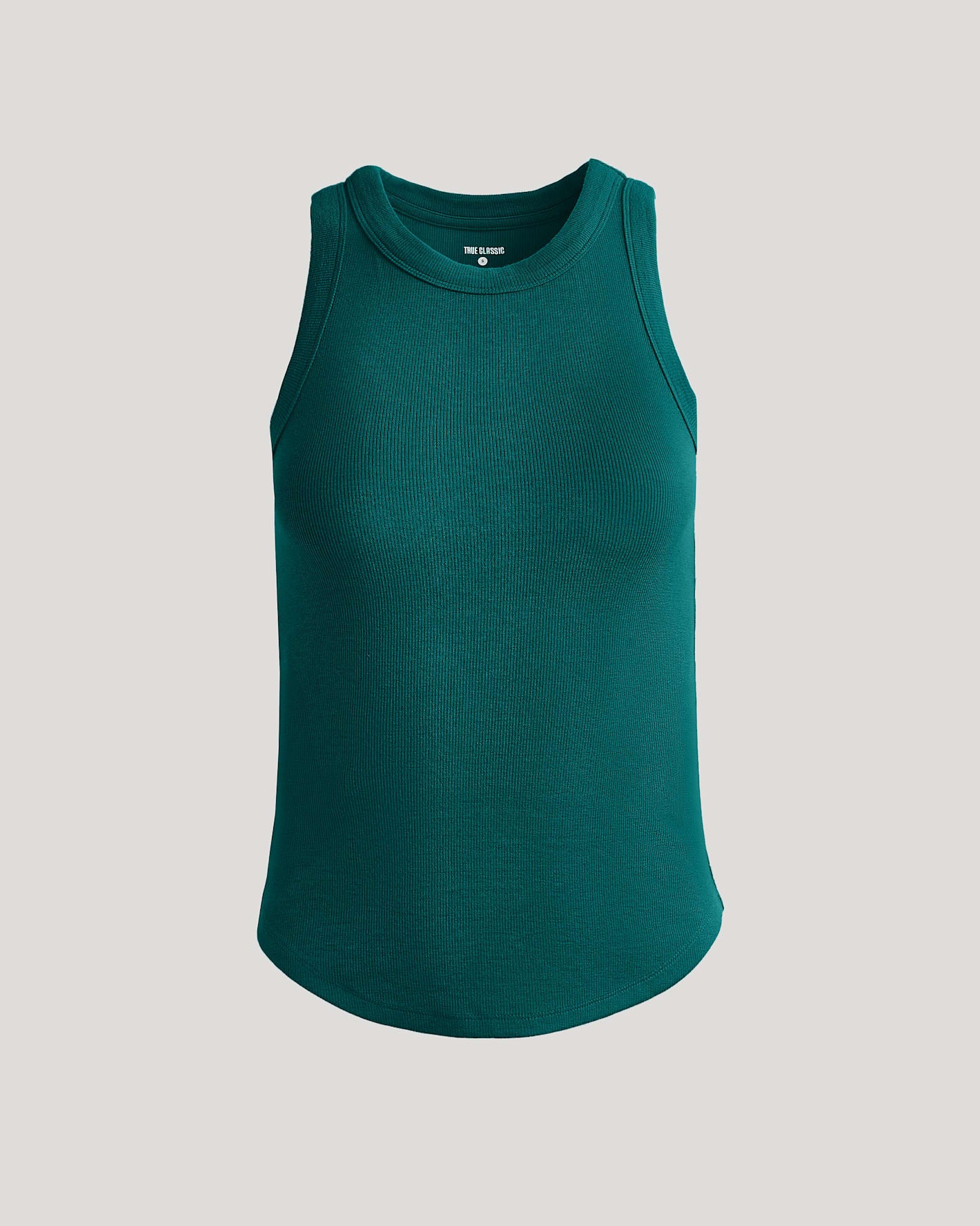 Womens Deep Emerald Ribbed High Neck Tank, sleeveless, curved hem, crew neckline.