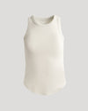 Womens Oatmeal Ribbed High Neck Tank, soft rib knit, body-hugging fit.