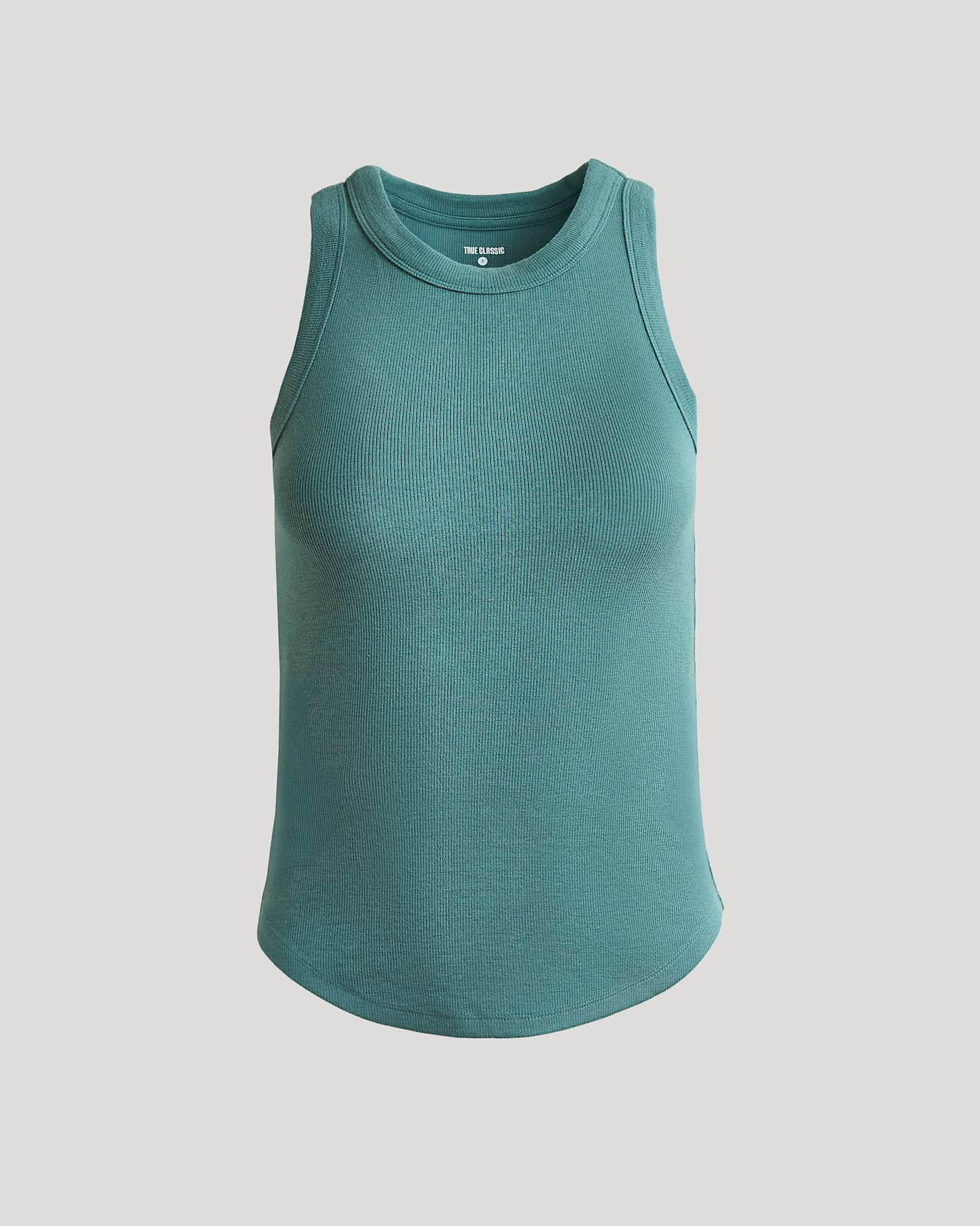 Womens Stormcloud Ribbed High Neck Tank, sleeveless, flat on neutral background.