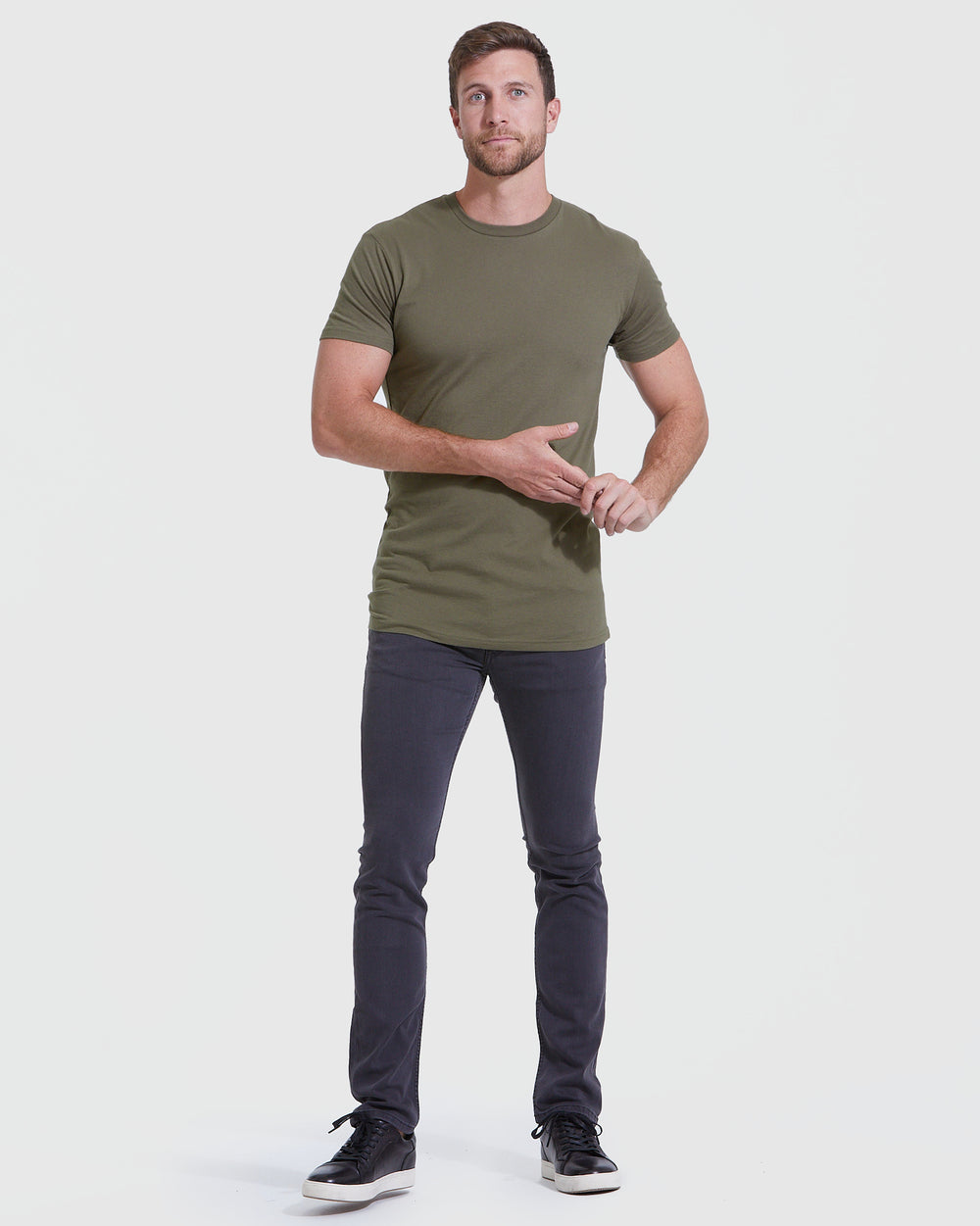 Military Green Tall Round Hem Crew Neck T-Shirt