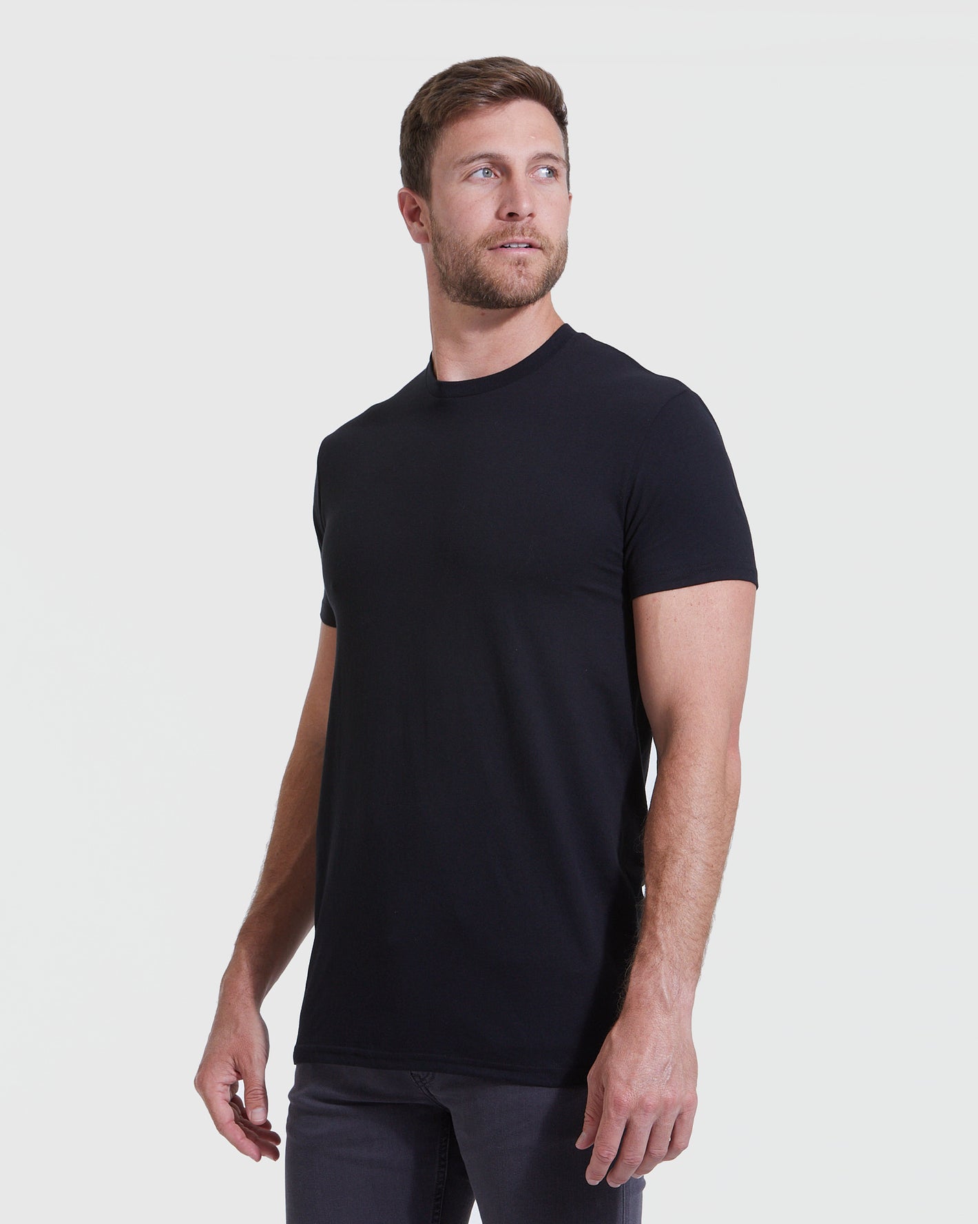 All Black Tall Straight Hem Crew Neck T-Shirt on man.