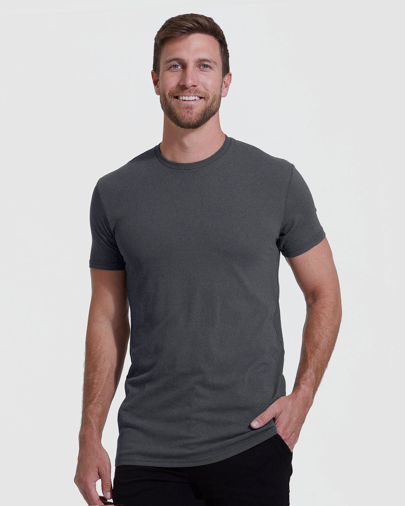 Charcoal gray tall straight hem short sleeve t-shirt on male model.