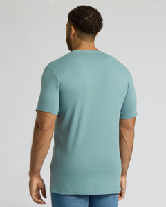 True ClassicA man viewed from the back wearing a light blue-green crewneck t-shirt and blue jeans against a plain light gray studio background.