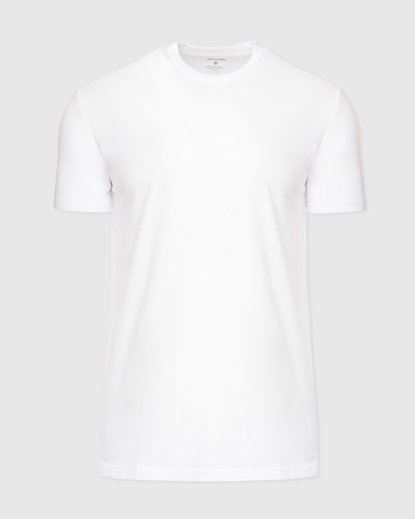 White Tall Straight Hem Crew Neck T-Shirt against light gray background.