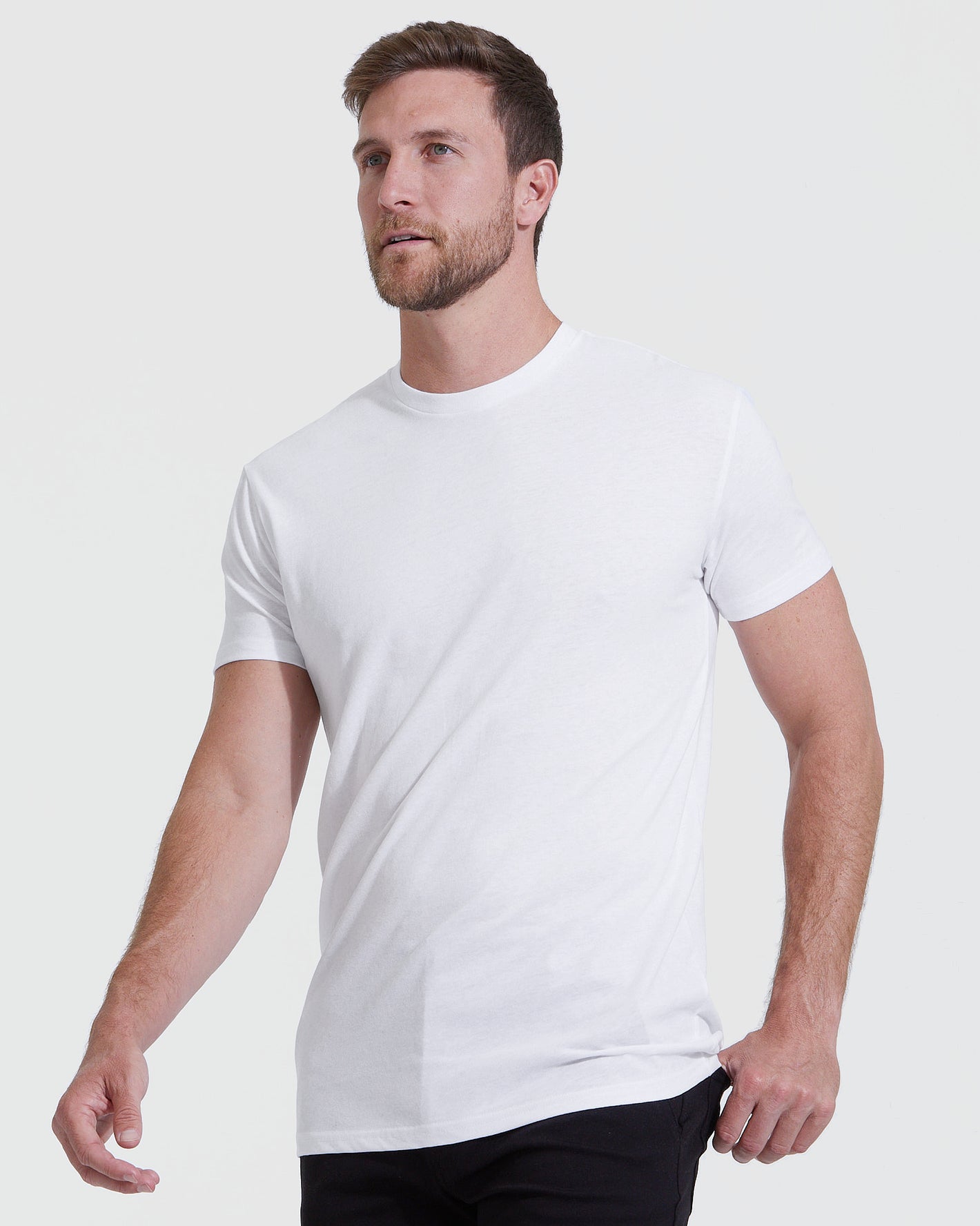 All-White Tall Straight Hem Crew Neck T-Shirt modeled by man.