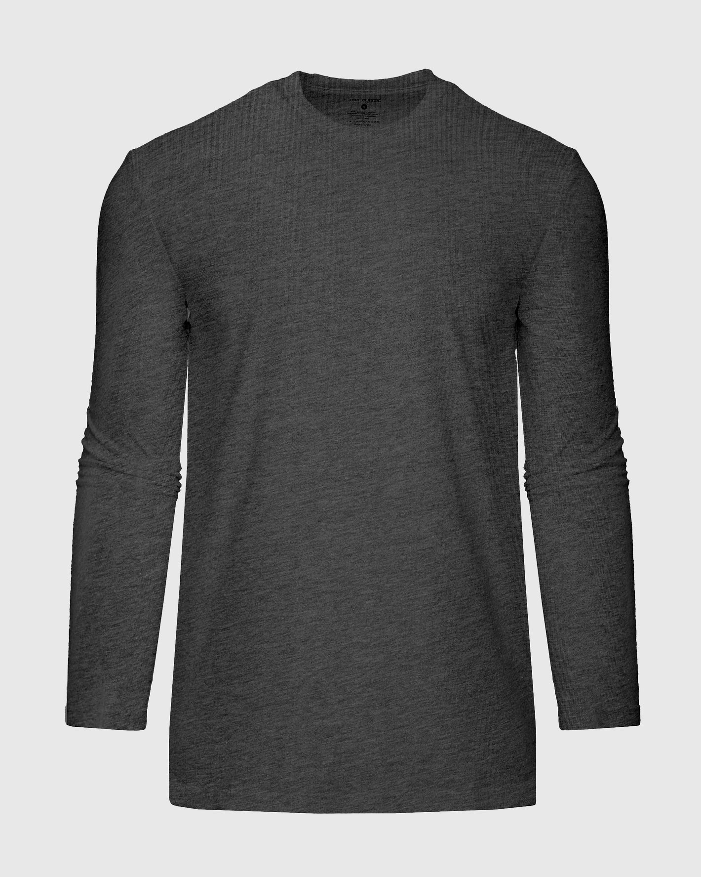 Charcoal Heather Gray Tall Long Sleeve T-Shirt, laid flat, crewneck design.