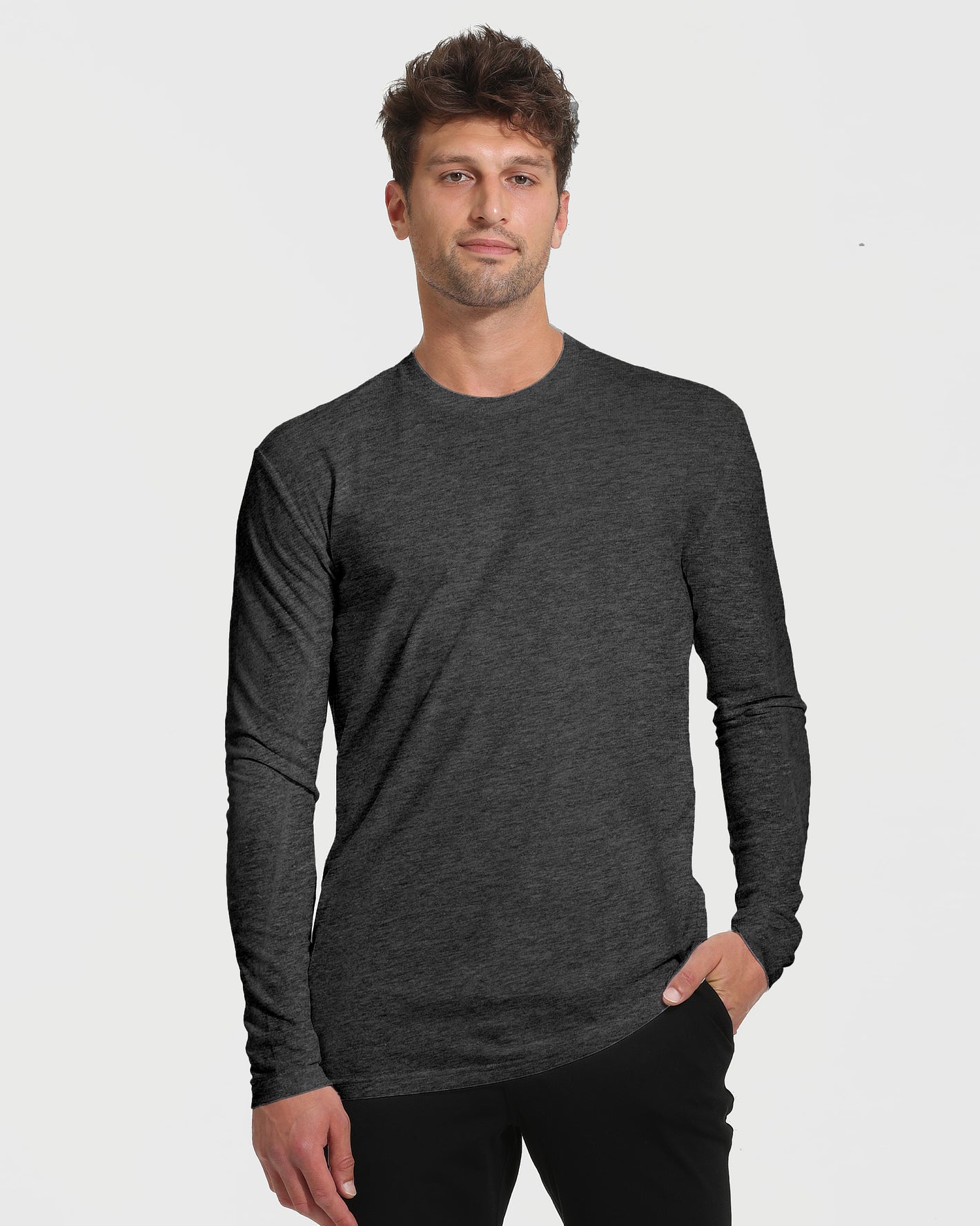 Young man in Staple Tall Long Sleeve T-Shirt 3-Pack.