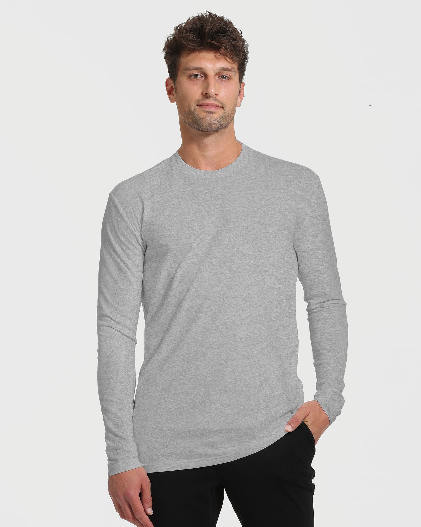 Heather Gray Tall Long Sleeve T-Shirt on male model.