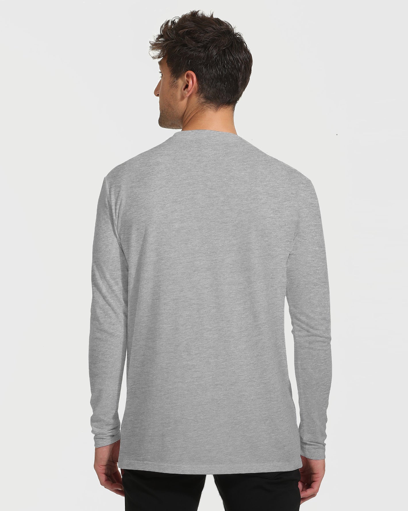 Heather Gray Tall Long Sleeve T-Shirt, back view on male model.