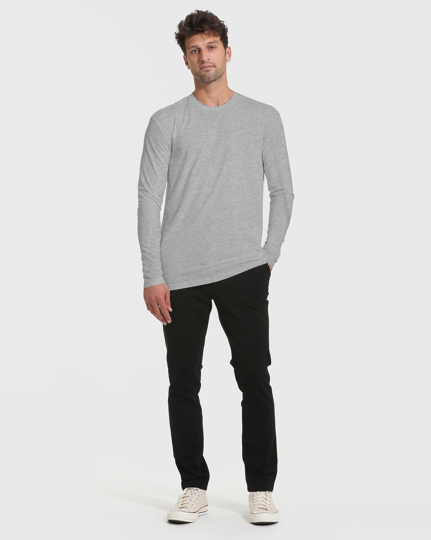 Heather Gray Tall Long Sleeve T-Shirt on model with relaxed posture.