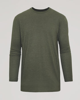 Heather Military Green Tall Long Sleeve T-Shirt, olive-green, crewneck, plain design.