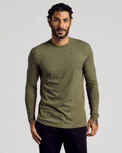 True ClassicMan wearing Heather Military Green Tall Long Sleeve T-Shirt, showcasing fit.