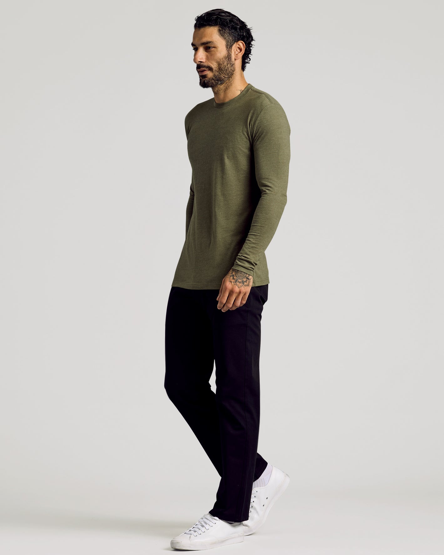 Heather Military Green Tall Long Sleeve T-Shirt worn by model.