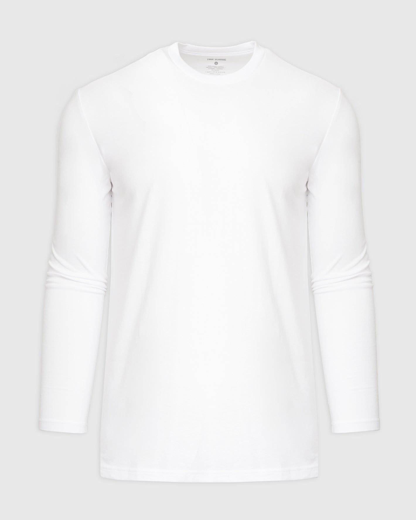 White Tall Long Sleeve T-Shirt laid flat on a gray background.