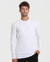 Young man in White Tall Long Sleeve T-Shirt, dark pants.
