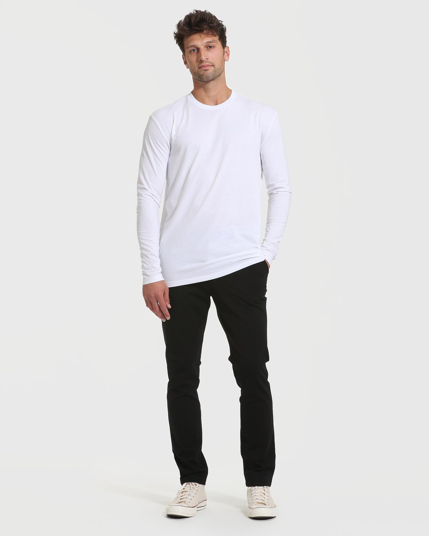 White Tall Long Sleeve T-Shirt worn by tall man.