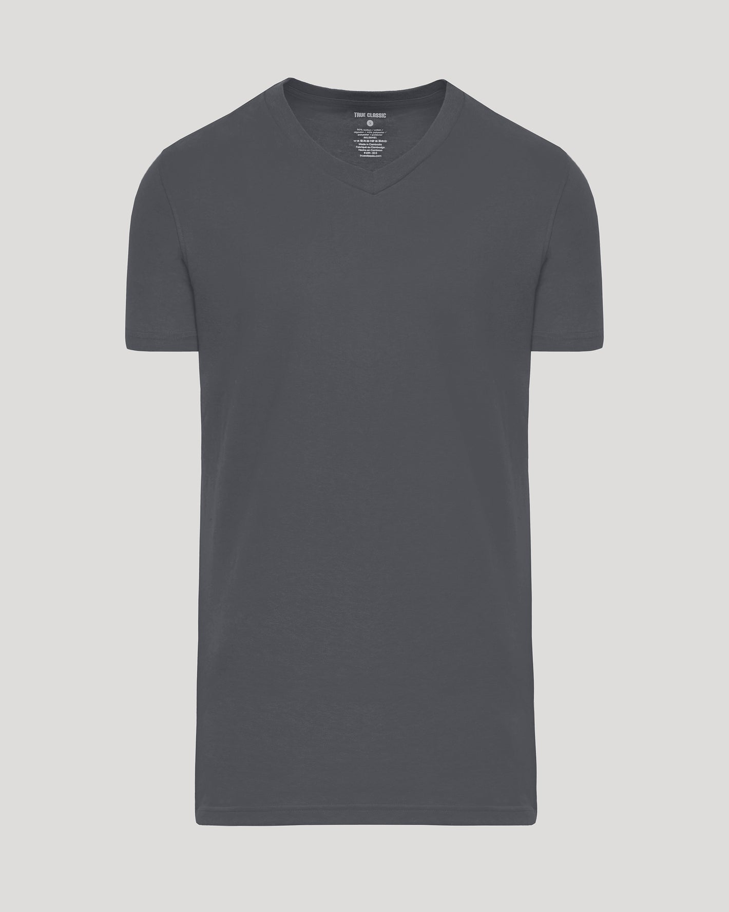 Carbon Tall Short Sleeve Classic V-Neck laid flat, highlighting tailored fit.