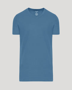 True ClassicIndigo Tall Short Sleeve Classic V-Neck laid flat, showcasing fitted style.