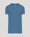 Indigo Tall Short Sleeve Classic V-Neck laid flat, showcasing fitted style.