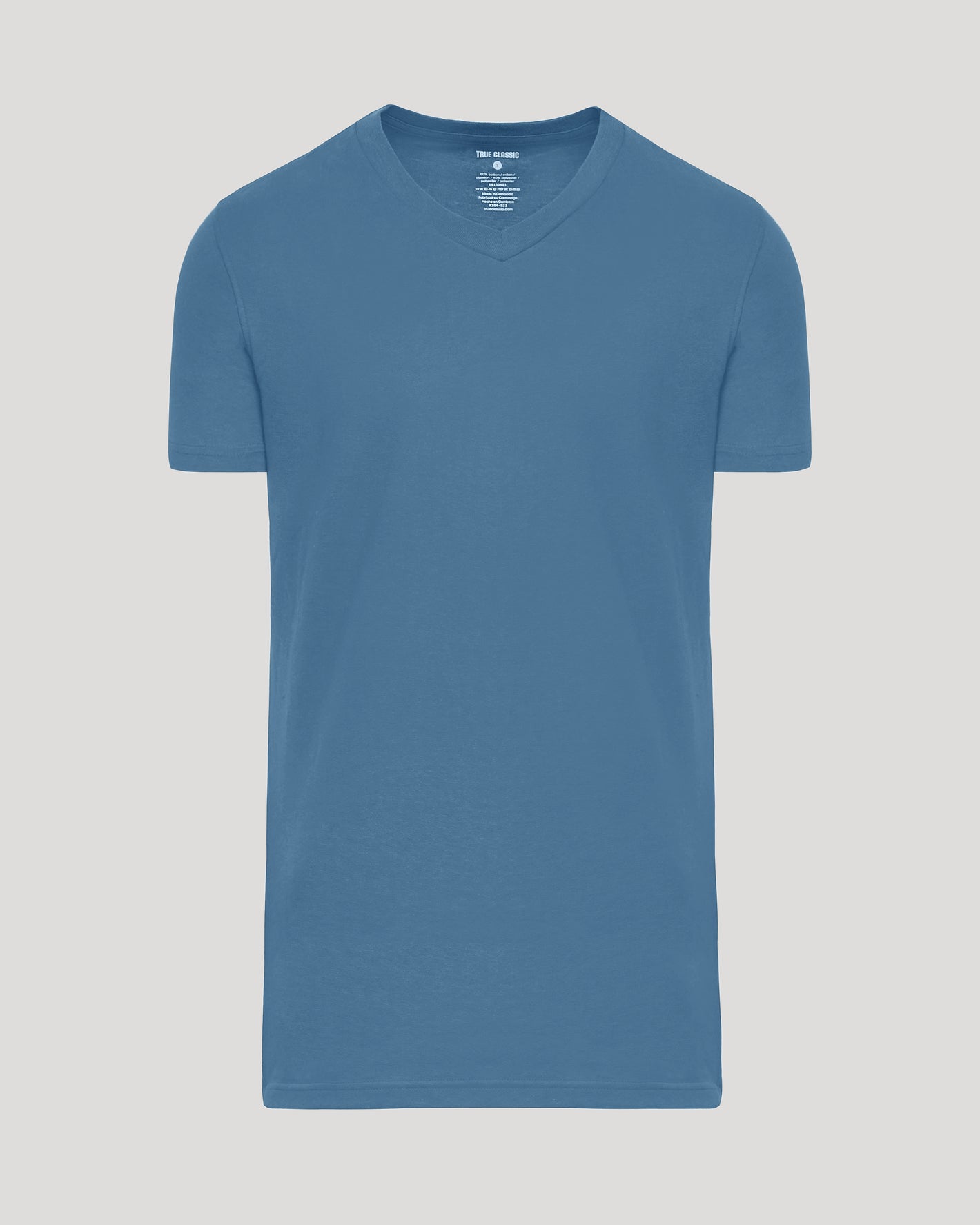 Indigo Tall Short Sleeve Classic V-Neck laid flat, showcasing fitted style.