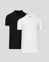 Black and white polo shirts on a light gray background