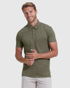 Heather Military Green Short Sleeve Tall Polo worn by a smiling man.