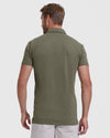Heather Military Green Short Sleeve Tall Polo on model, back view.