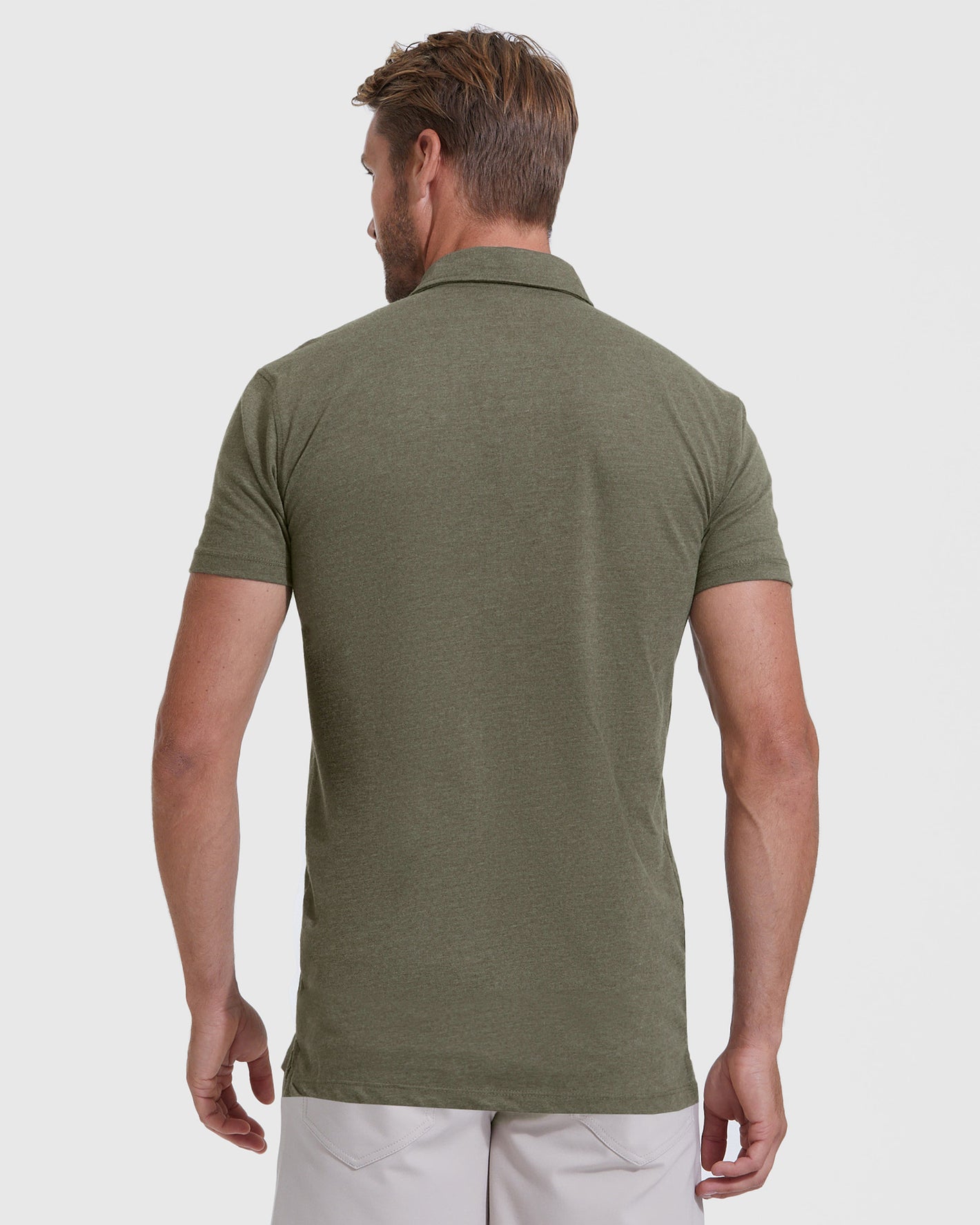 Heather Military Green Short Sleeve Tall Polo on model, back view.