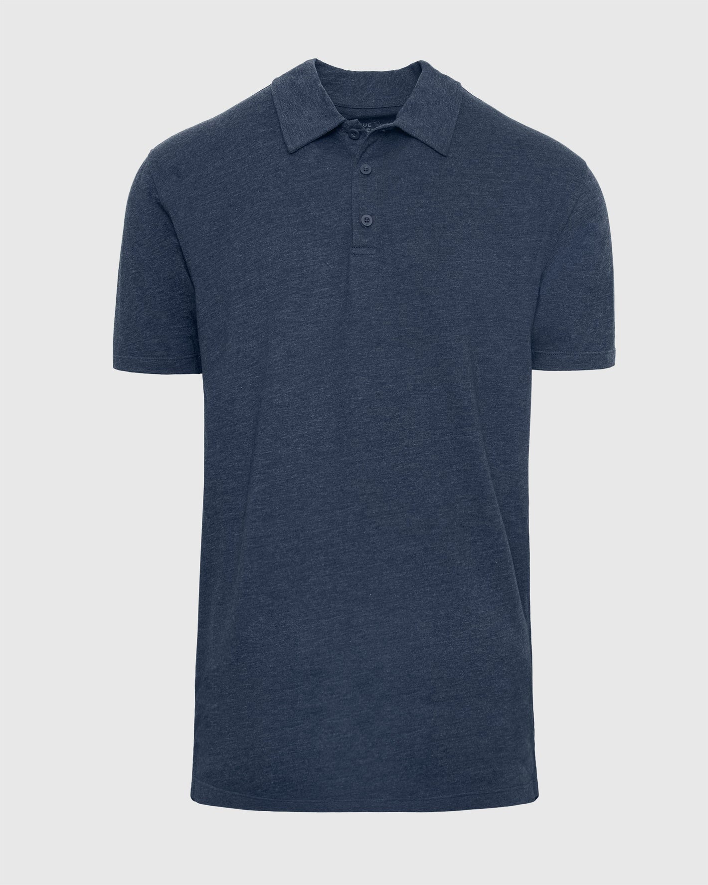 Heather Navy Short Sleeve Tall Polo, front-facing, showcases fitted shoulders and short sleeves.