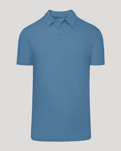 True ClassicIndigo Short Sleeve Tall Polo, blue, flat-lay, fold-over collar, three-button placket.